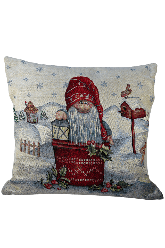 Coussin Gnome d’Hiver en Jacquard – 43×43 cm