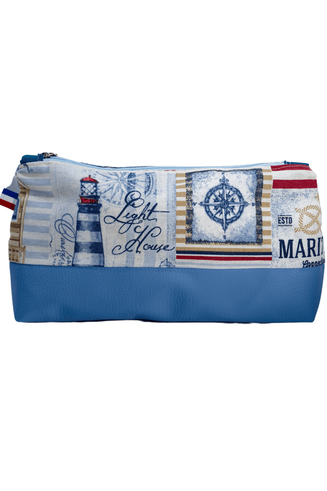 Trousse de toilette artisanale – Thème marin en simili cuir bleu